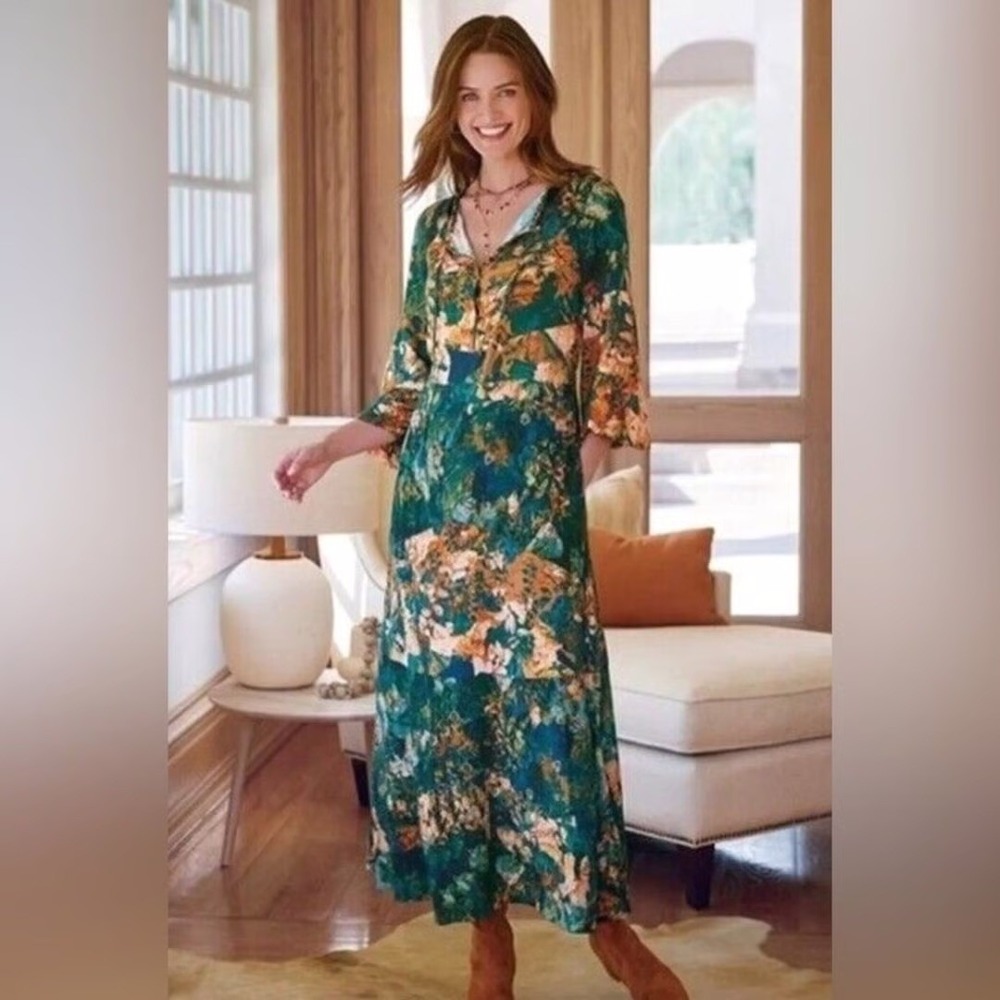 Soft Surroundings Teal Mustard Floral Rayon Maxi Dress PS 3PL23 Boho Long Sleeve